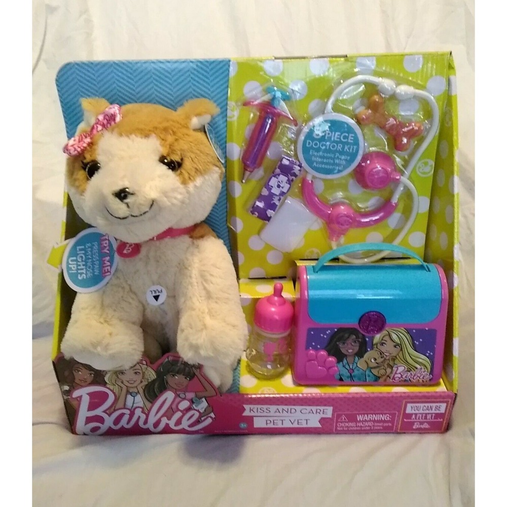 Barbie Kiss and Care Pet Vet Interactive Puppy Dog 8pc Doctor Kit Just Play NEW